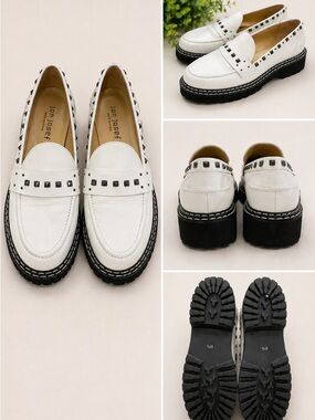 Jon Josef White Stud-Trim Leather Penny Loafers
